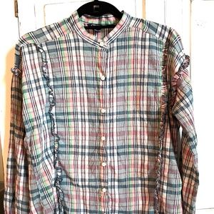CHAPS LONG SLEEVE PLAID RUFFLE BUTTON UP